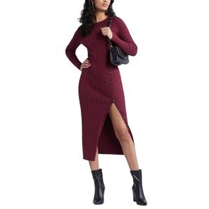 ✨ Open Edit Ribbed Button Sweater Midi Dress Burgundy London Small